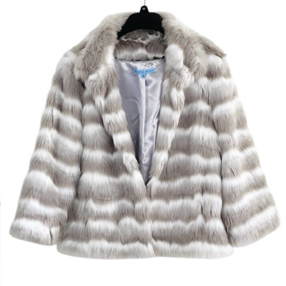 ANTONIO MELANI Faux Fur Jacket Coat 3/4-Quarter Sleeve Medium Gray White Stripe